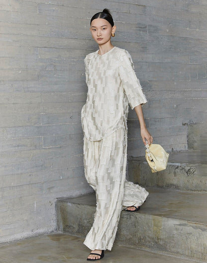 HECO Round Neck Square Tassel Design Texture Shirt Top Women - reign.