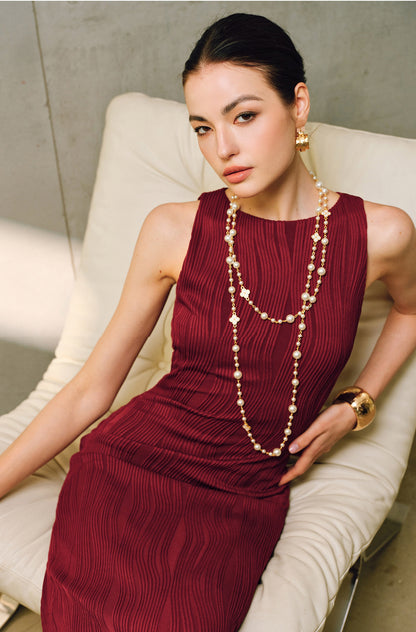 WANGXO | Textured 4D Stretch Knit Water Wave Weave Boat Neck Slim Fit Sleeveless Dress with Sculpted Flow -RÉMI