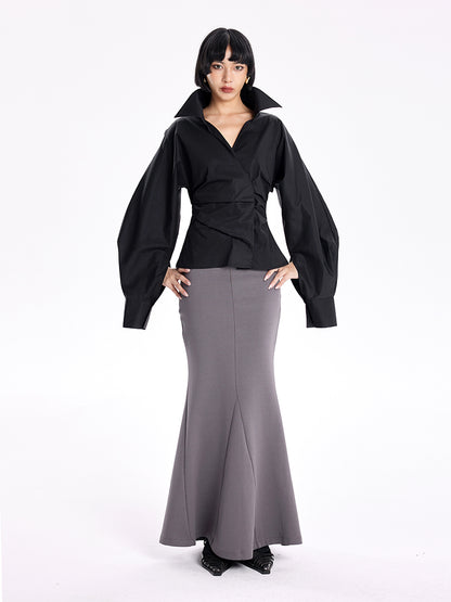 TINY IN stand-up collar casual pinch-pleated curved sleeve cinched waist shirt-KIA