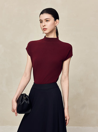 HECO Sleeveless Slim Mock Collar Red Black Gray Knit Top  - THRONE.