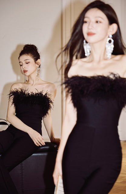 DOLLY High End Black Sleeveless Feather Tube Top Long Flared Pant Jumpsuit-PALMER