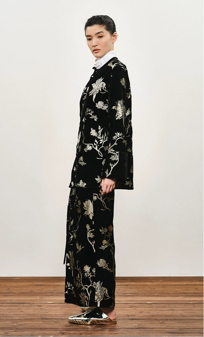ZHUCHONGYUN black suede floral embroidery long sleeves shirt top-GILT.