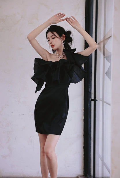 DOLLY Luxury Black Off Shoulder Slim Fit Short Ruffle Dinner Dress-MABEL