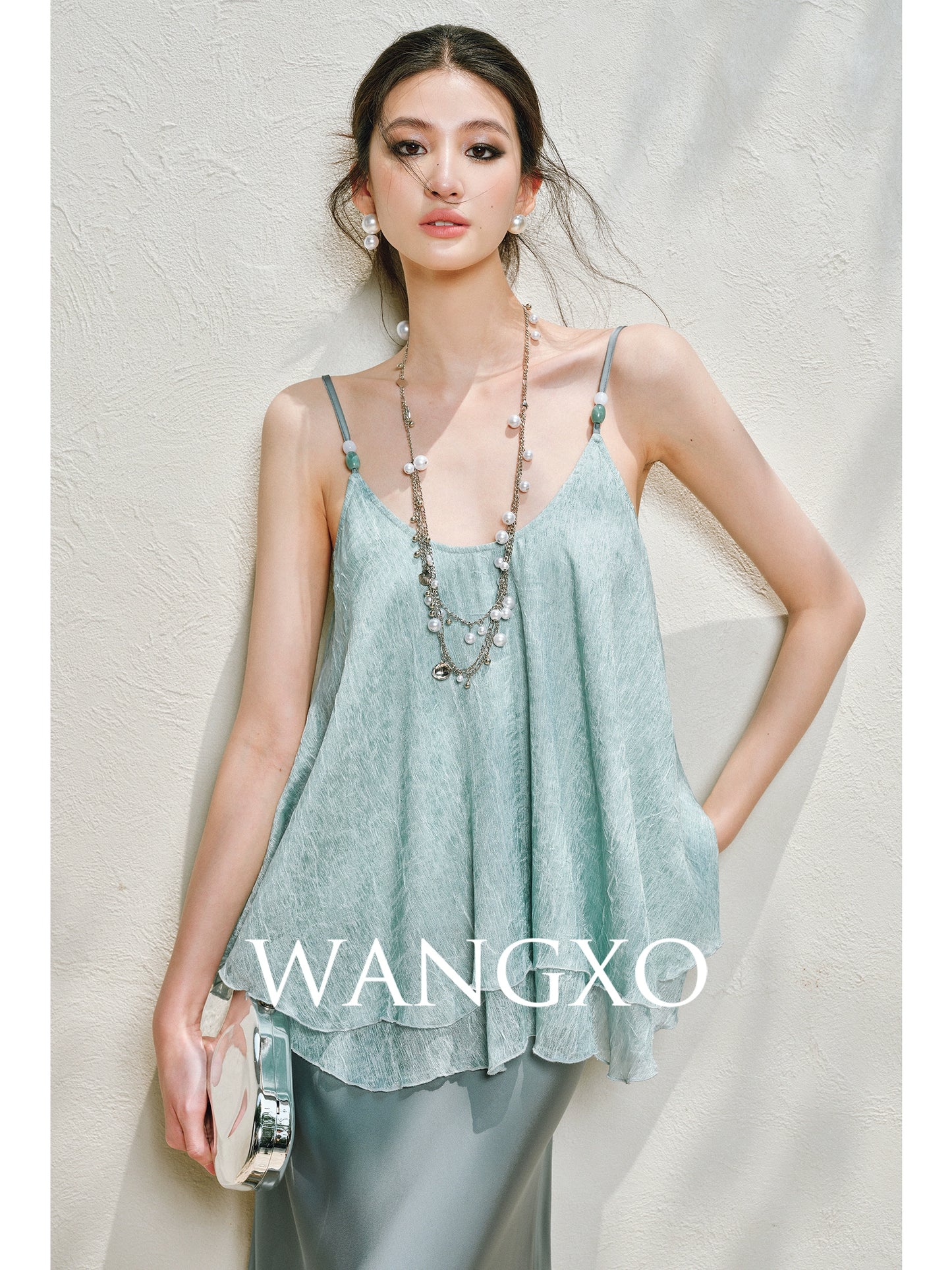 WANGXO | Silky Smooth Double-Sided Satin Top Glass Beaded Umbrella Hem Suspender Skirt Set -ELVA