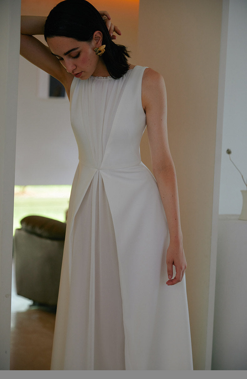 GOUDIN white long engagement outdoor light simple evening dress-TAB.
