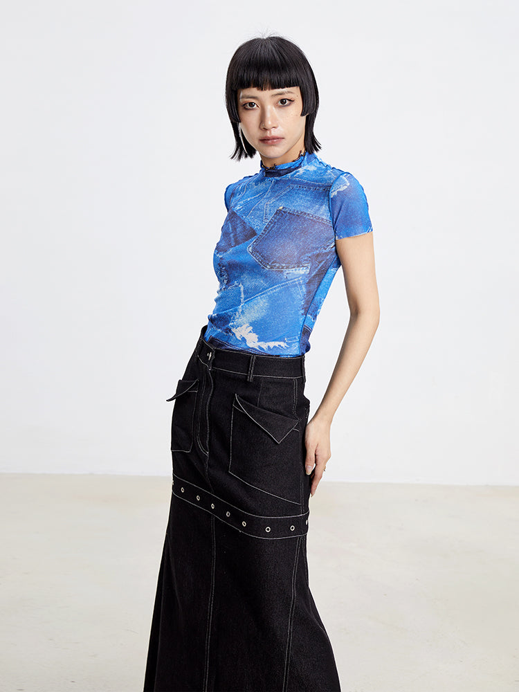 TINY IN denim print sun protection mesh long short sleeve t-shirt -IHU