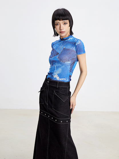 TINY IN denim print sun protection mesh long short sleeve t-shirt -IHU