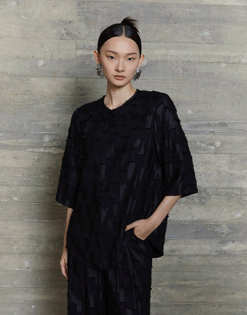 HECO Round Neck Square Tassel Design Texture Shirt Top Women - reign.