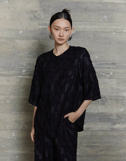 HECO Round Neck Square Tassel Design Texture Shirt Top Women - reign.