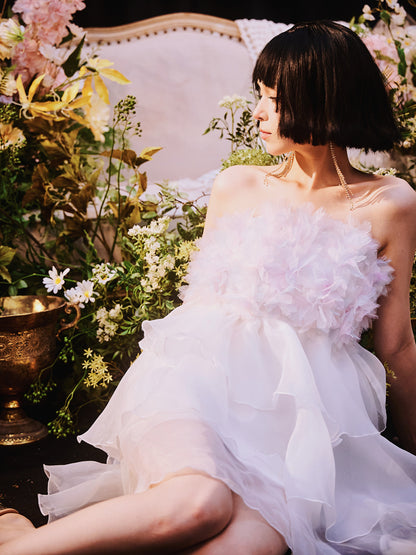 DOLLY Luxury White Feather Tube Top Flower French Style Dress-Hola