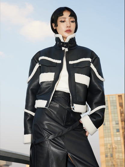 TINY IN black and white contrasting stitched fur leather biker jacket -MIKE