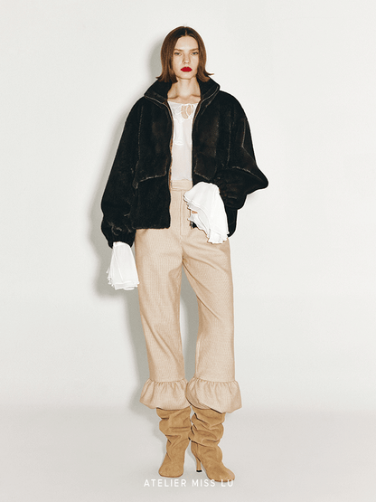 ATELIER MISS LU Large Pocket Design Faux Fur Zip Jacket - SAMPSON.