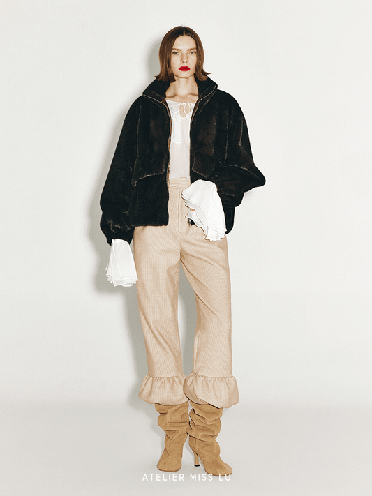 ATELIER MISS LU Large Pocket Design Faux Fur Zip Jacket - SAMPSON.