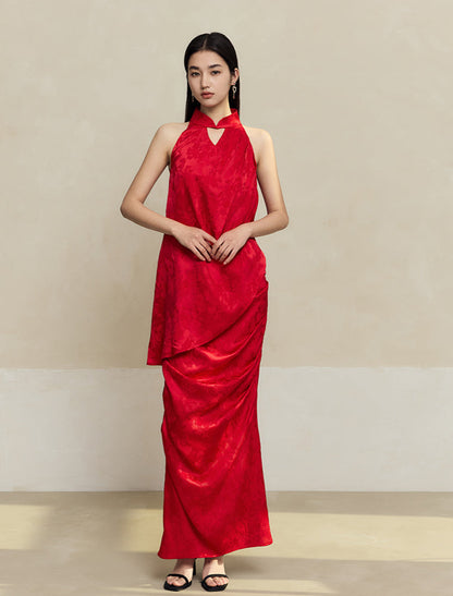 HECO Acetate Pleated Vest Sleeveless Top Skirt Set - prue.