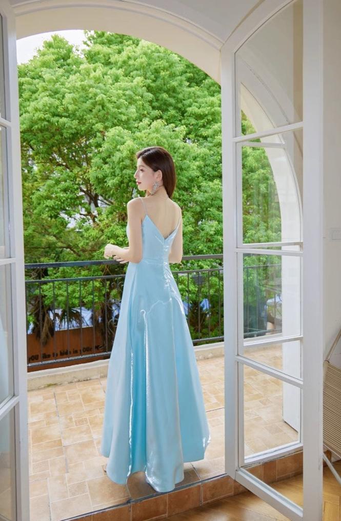 DOLLY High End Blue Off Shoulder Sleeveless Long Suspender Banquet Dress-AGATHA