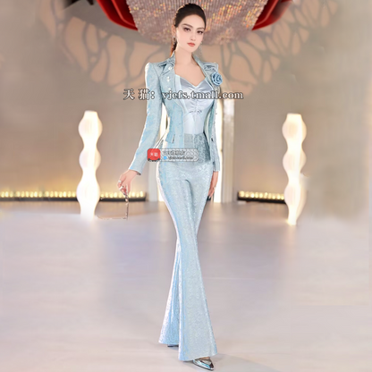 VJE printed small suit jacketbell bottoms three-piece suit set - MARI.