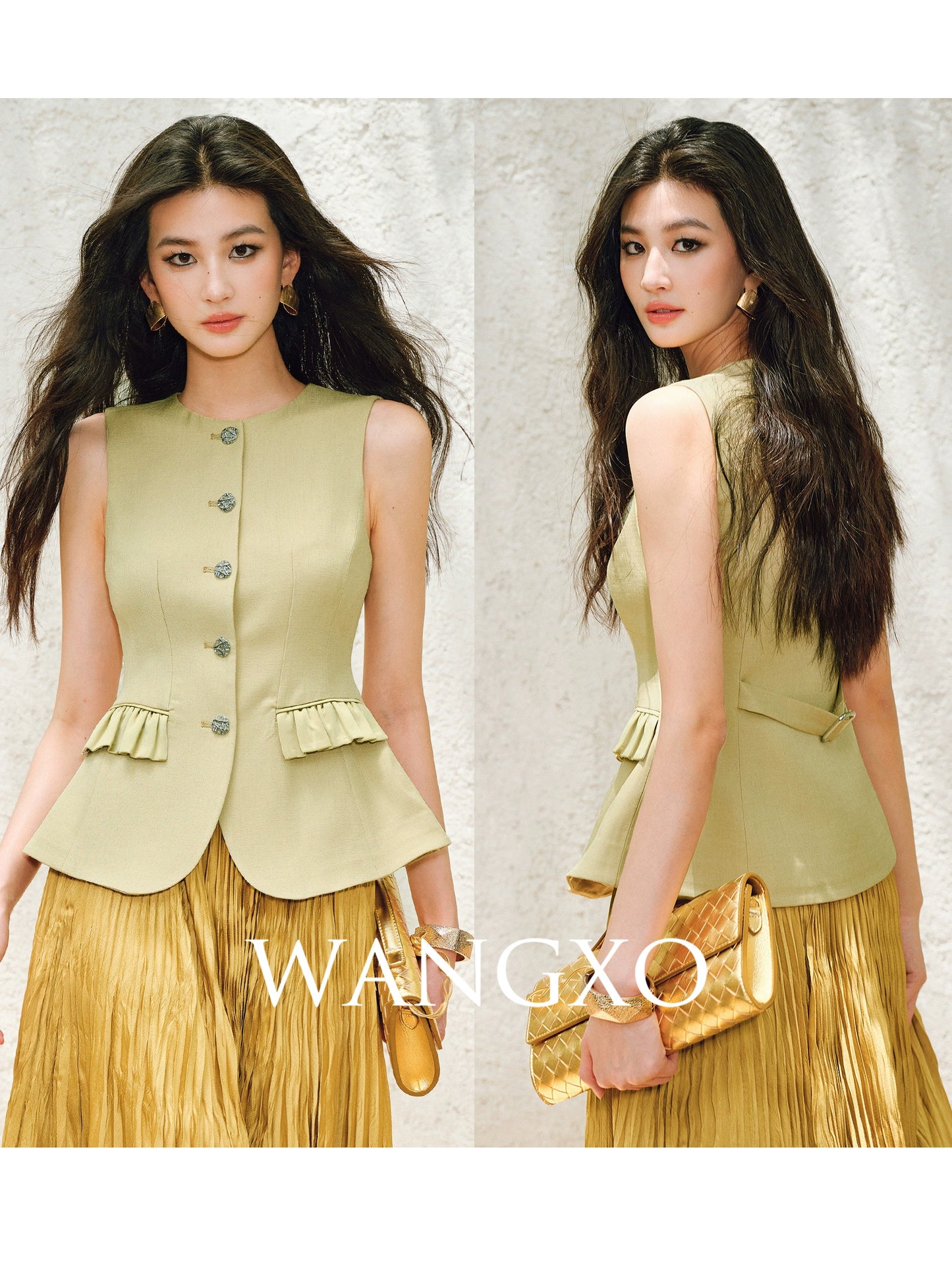 WANGXO |Custom Metal Buckle Round Neck Umbrella Hem Waist Vest- KIRA.