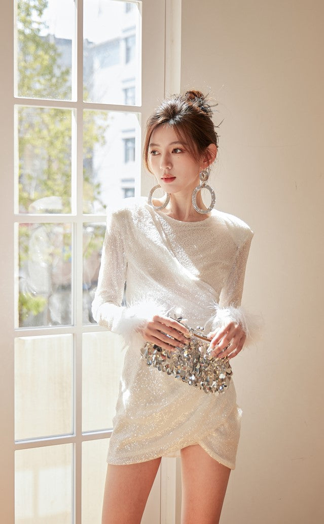 DOLLY Elegant White Crew Neck Long Sleeve Short Sequin Sexy Birthday Dress-LAYLA