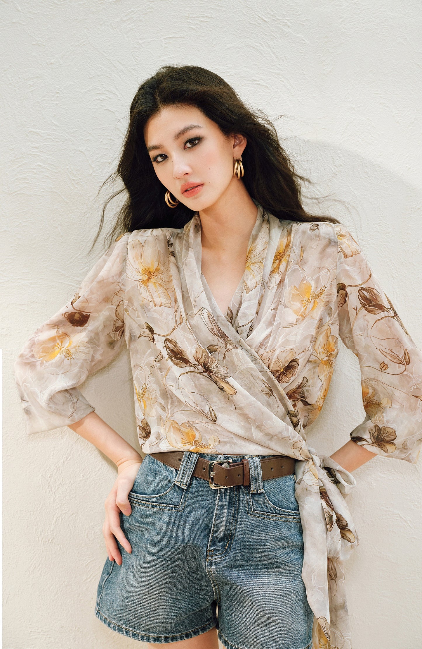 WANGXO | Silky Drape Smooth Georgette Vine-Inspired Geometric Print Entwined Twisted Shirt  -LYRA