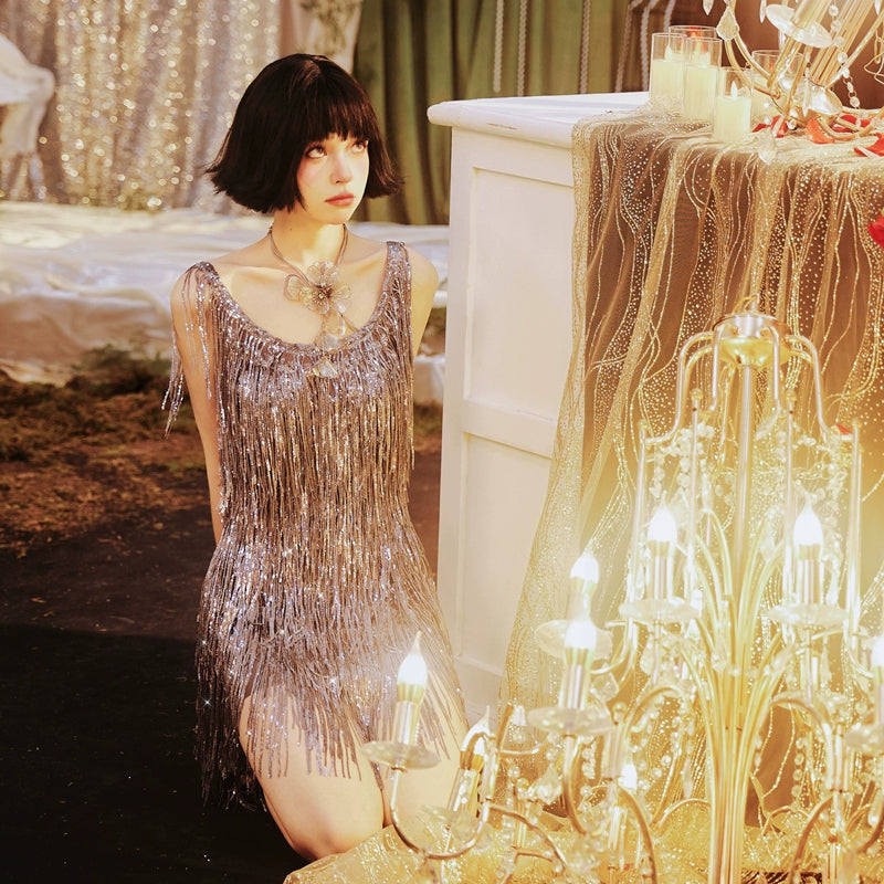 DOLLY Luxury U-Neck Star Light Tassel Sleeveless Backless Short Party Dress-PHEOBE