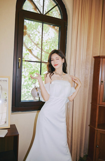 DOLLY Elegant Ruffled Off Shoulder Chest Wrap Long Fish Tail Banquet Dress-KALYA