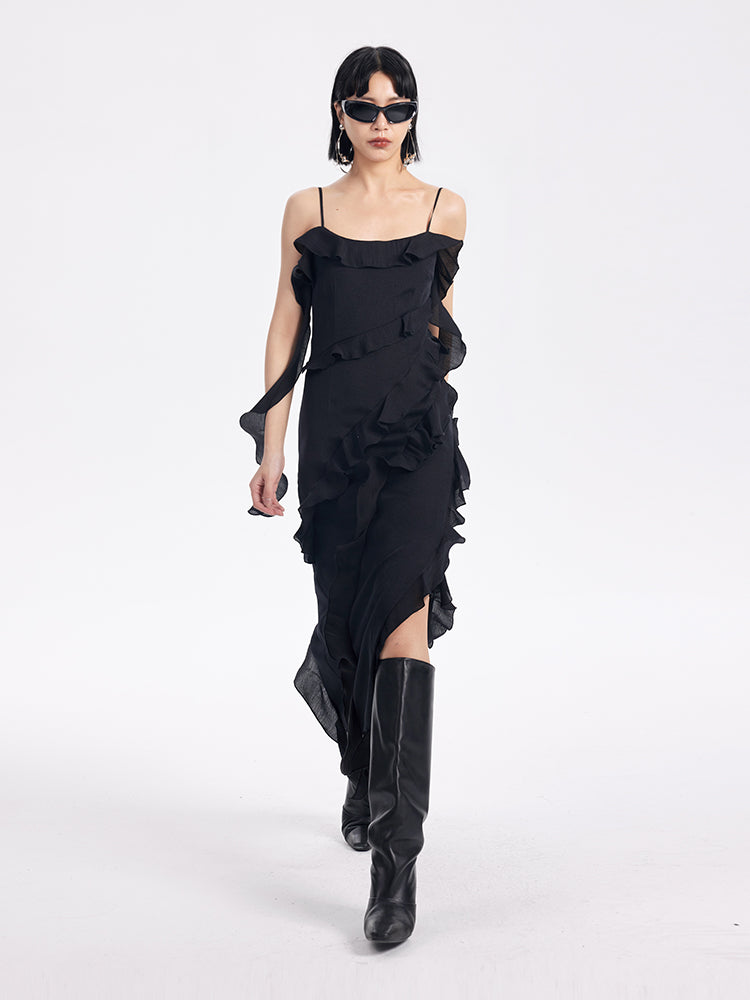 TINY IN ruffled side slit midi slip dress -KAKA
