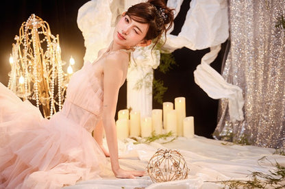 DOLLY Luxury Peach Pink French Style Tube Top Sleeveless High Waist Prom Dress-PEACHES