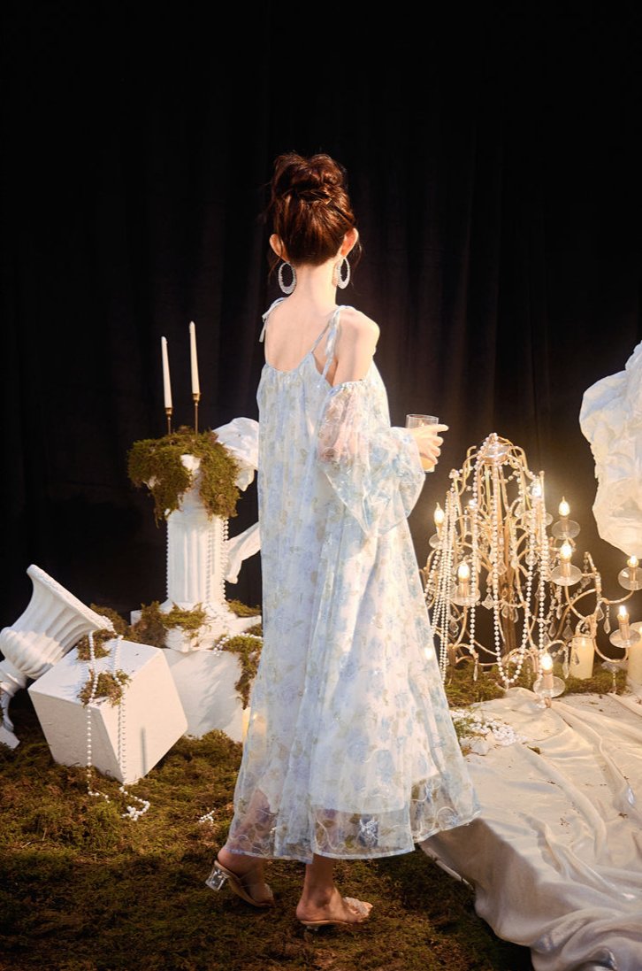 DOLLY Elegant Blue French Style Floral Off Shoulder Loose Glitter Resort Dress-TEE