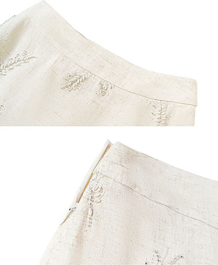 HECO Linen Pearl Leaf Bead Embroidery High Waist Long Skirt Women - JUDAH.