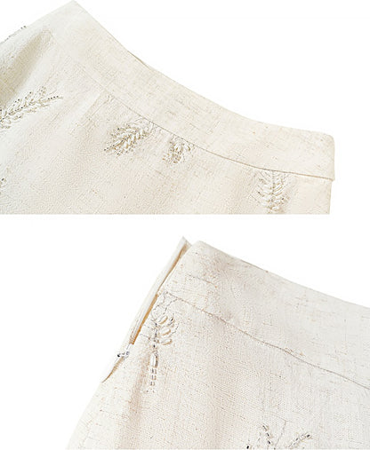 HECO Linen Pearl Leaf Bead Embroidery High Waist Long Skirt Women - JUDAH.