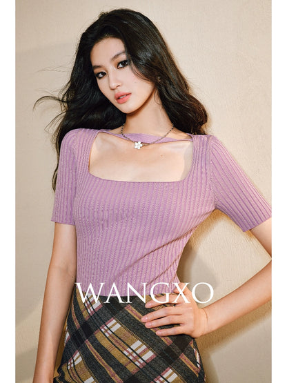 WANGXO | Phantom Shiny Silk with Hemp Retro Square Neck Slim Ribbed Knit Short Sleeve Top -ZARA