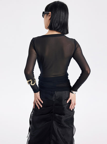 TINY IN black long sleeve slanted shoulder mesh sheer top-DORI