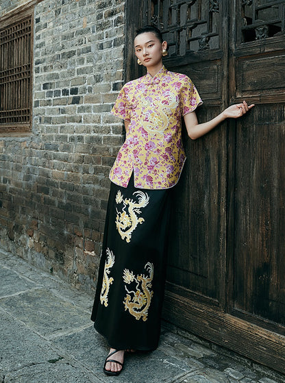 HECO Chinese style golden dragon embroidery short-sleeved placket buttoned shirt - QAND.