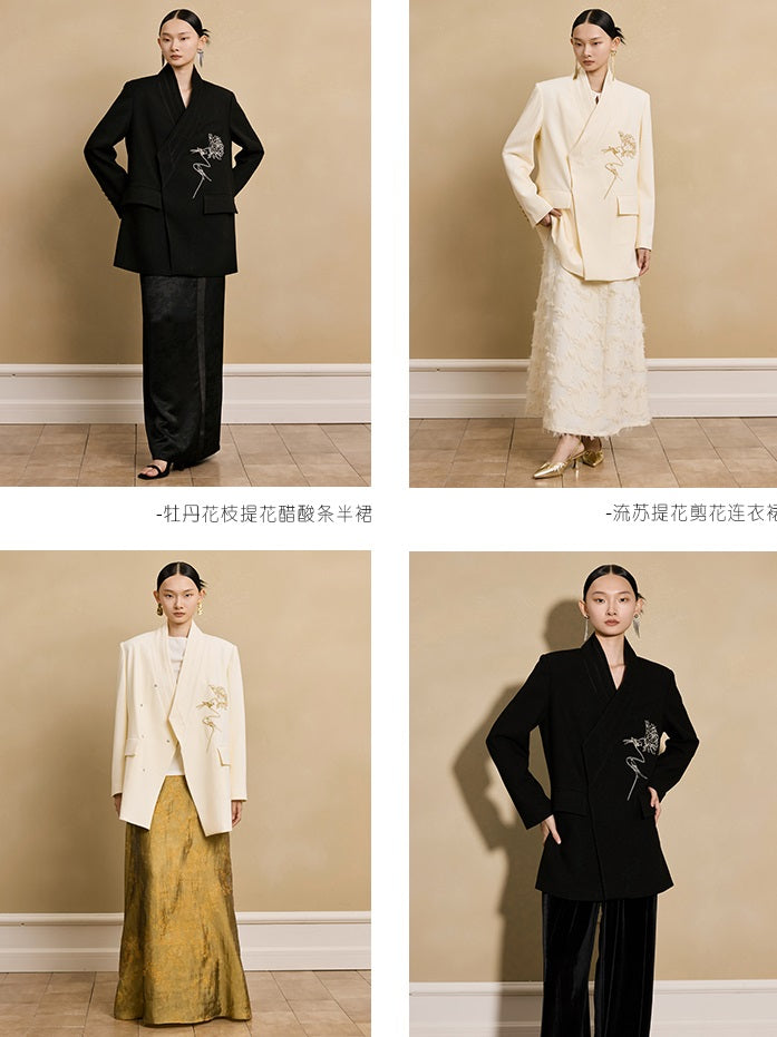 HECO Acetate Woven Embroidery V-Neck Blazer Women's Spring- LET.