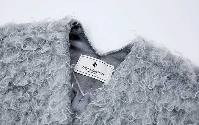 ZHUCHONGYUN curly textured wool loose midi curved cardigan jacket--MOJO.