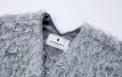 ZHUCHONGYUN curly textured wool loose midi curved cardigan jacket--MOJO.