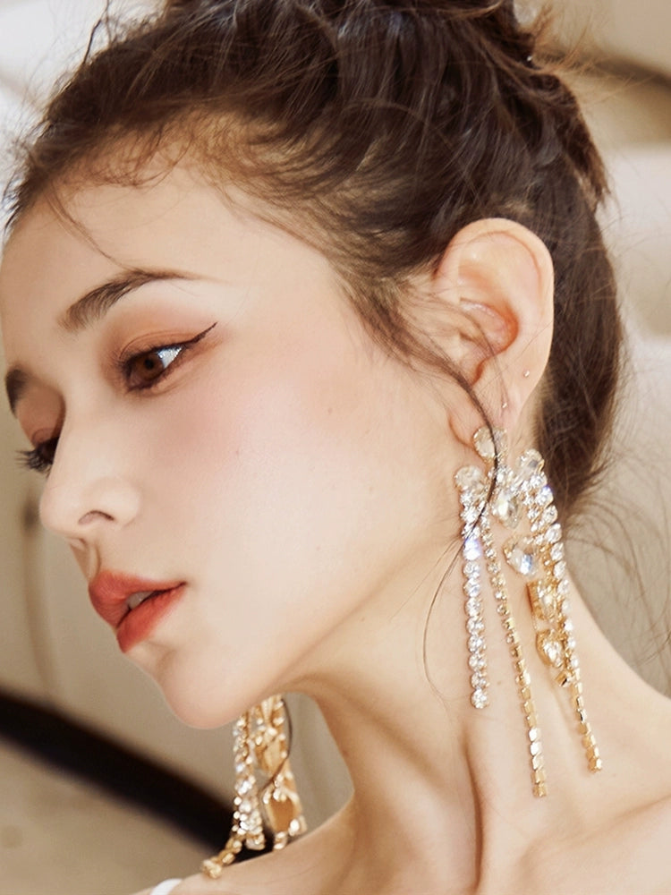 DOLLY Elegant Diamond Tassel Gold Earrings-JUANA