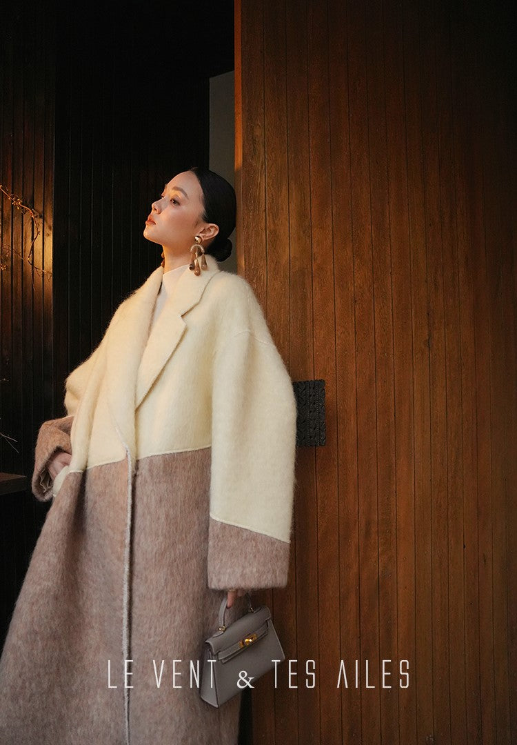 LE VENT&TES AILES French luxury fine long color-block wool coat -ALEC.