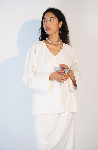 TUYUE V-neck slim flared sleeve lace-up wrap top - BELLA.