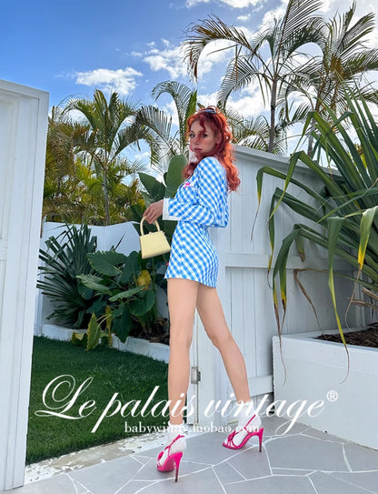 Le Palais  Blue Plaid Small Fragrance Thin Short Coat + Short Skirt- Yuno