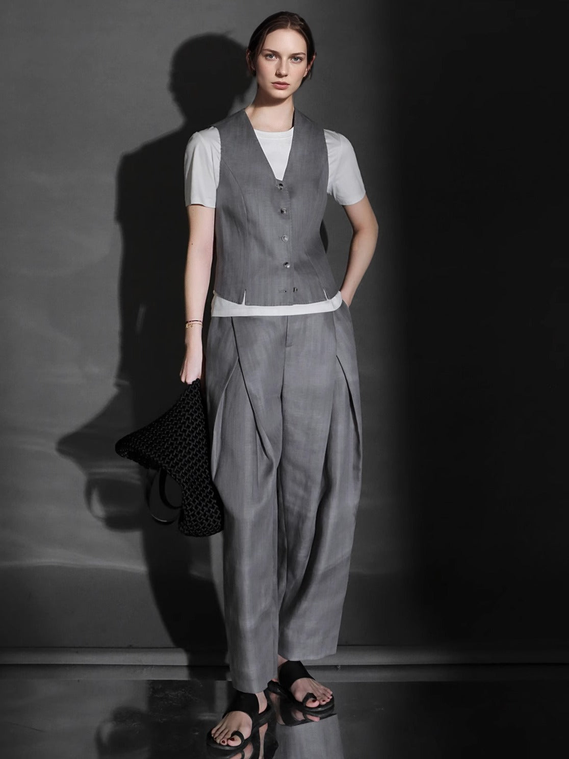 PIAOIN designer haute couture cross pleated niche Tencel linen wide leg straight pants -ALICE