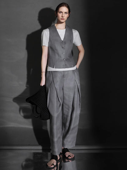 PIAOIN designer haute couture cross pleated niche Tencel linen wide leg straight pants -ALICE