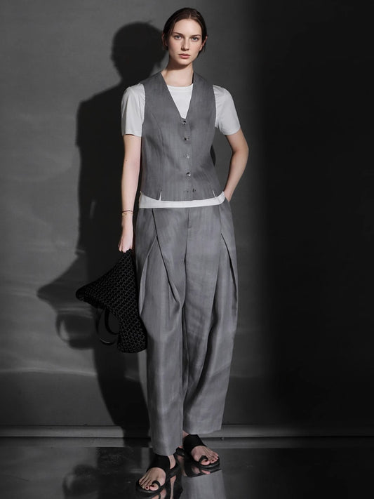 PIAOIN designer haute couture cross pleated niche Tencel linen wide leg straight pants -ALICE