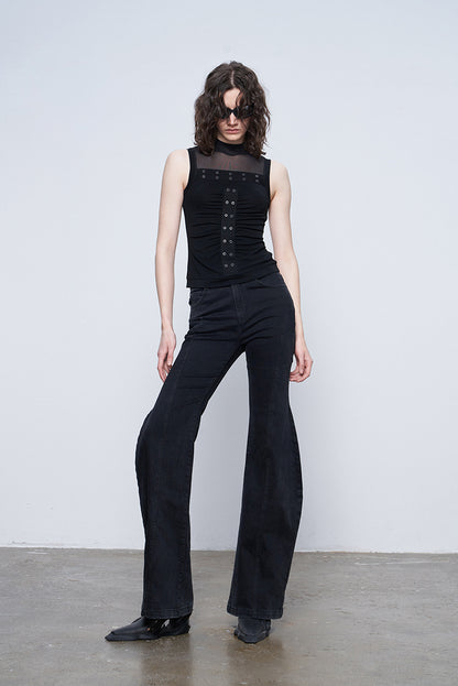ANNAKIKI Black Wavy Silhouette Slim Denim Wide-Leg Pants-MAPLE