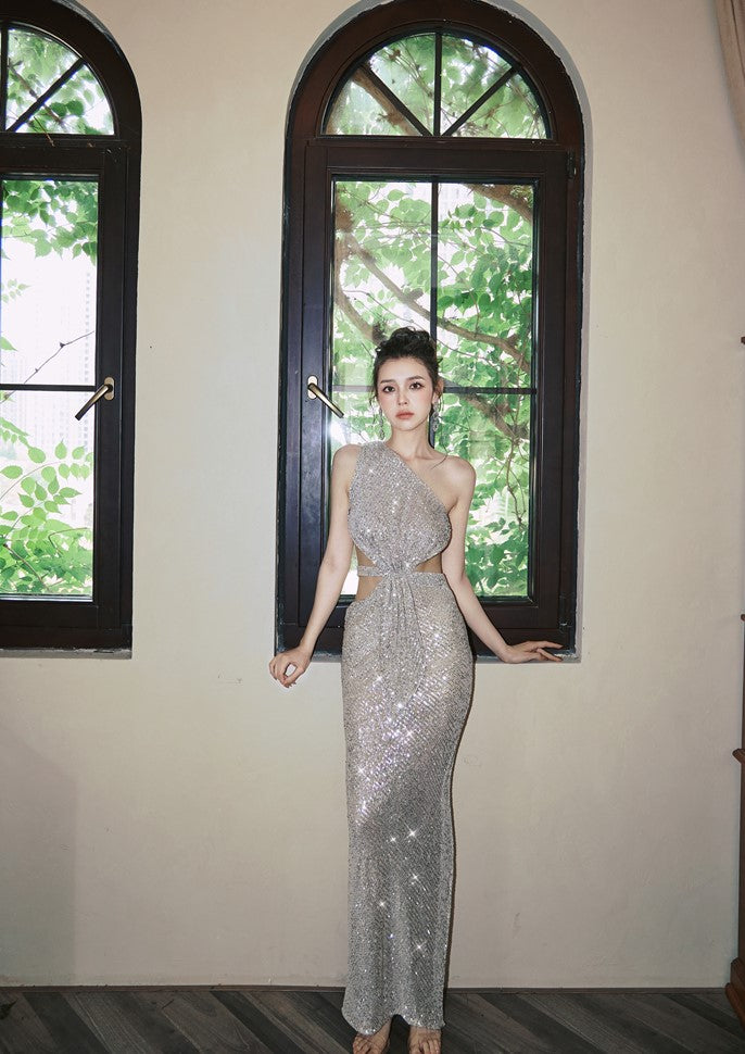 DOLLY Elegant Sliver One Shoulder Sleeveless Sparkling Slim Fit Sexy Dinner Dress-ALETA