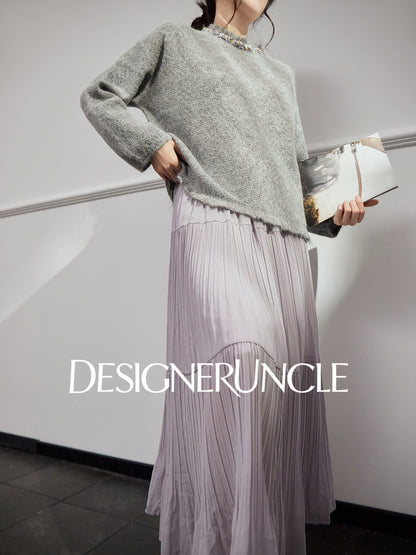 DGU|Gray new crew neck loose fashion design sense lazy style knitted top - GRACE.