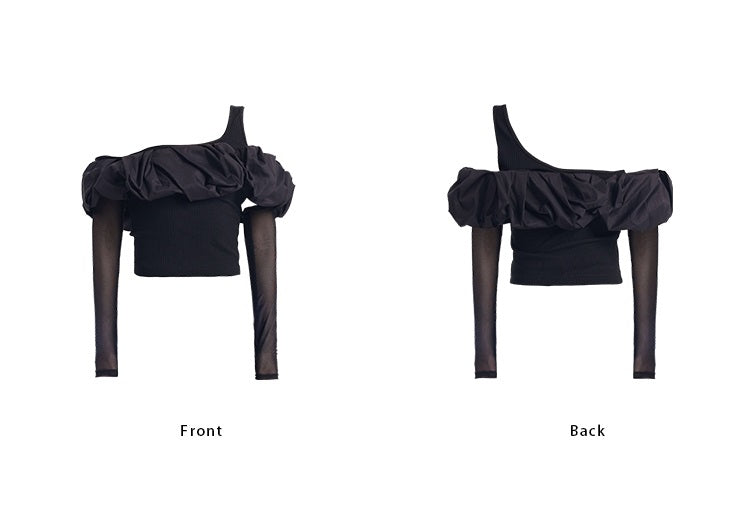 TINY IN  ruffle slanted shoulders cropped top with mesh sleeve -ZAN