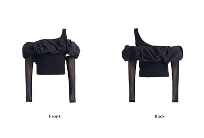 TINY IN  ruffle slanted shoulders cropped top with mesh sleeve -ZAN