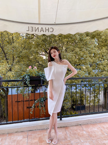 DOLLY Elegant Slant Collar One Shoulder High Waist Business Dinner Dress-BABE