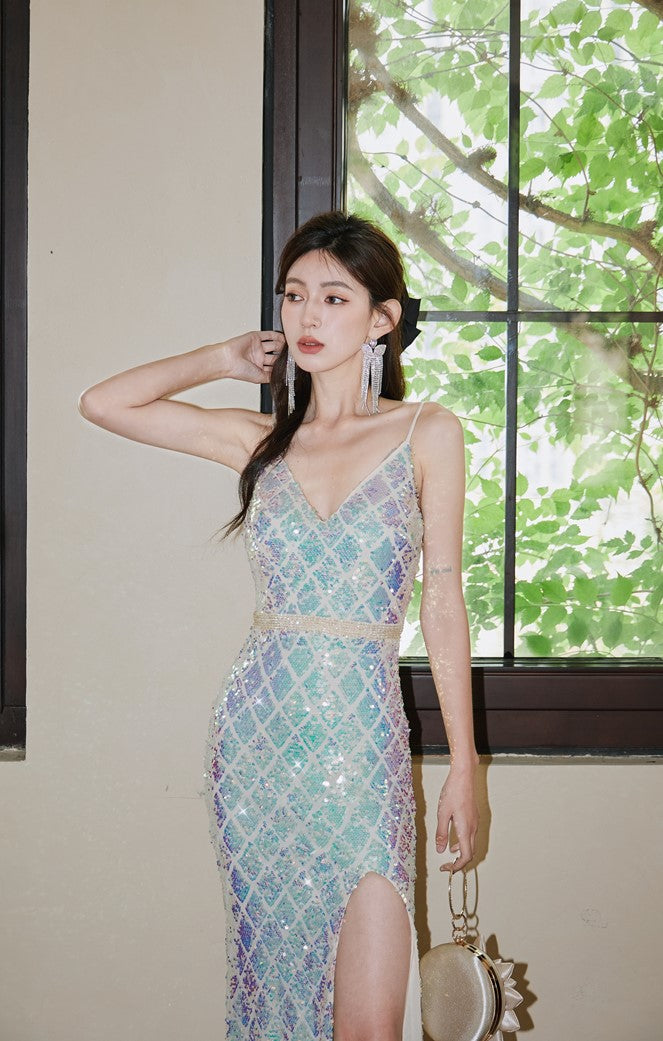 DOLLY High End Sleeveless V-Neck Sequin Long Slim Fit Slit Banquet Dress-ERICA